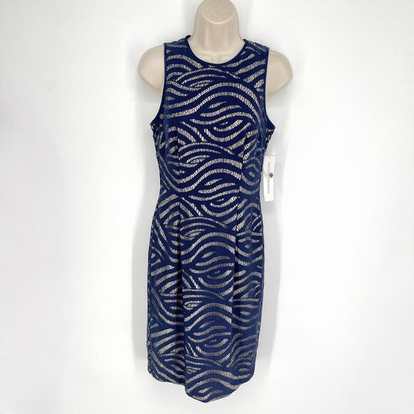 Maggy London NEW Swirl Lace Overlay Sheath Dress Sz 6 True Navy Lined Sleeveless - Picture 1 of 9